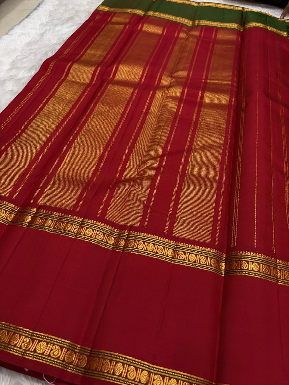 Jewel Blue and Deep Vermillion Handwoven Pure Silk Kanjivaram Saree with Rettapet Border and Zari Kattam