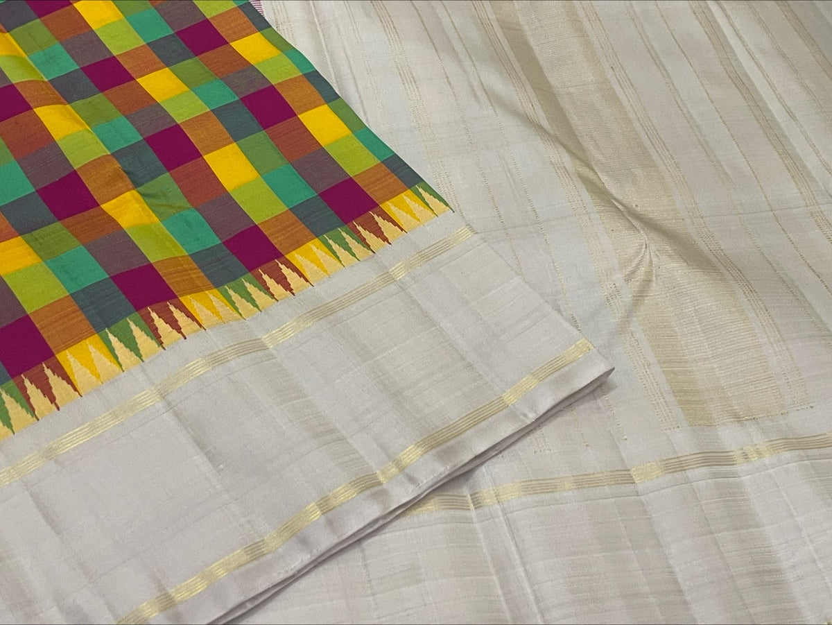 Multicolour Jewel Box Checks Handwoven Pure Silk Kanjeevaram Saree with Ivory Rettapet Border, contrasting zari border detail