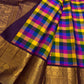 Turmeric yellow green red orange and teal Kanchi Kattam squares | Kancheepuram pure silk saree.