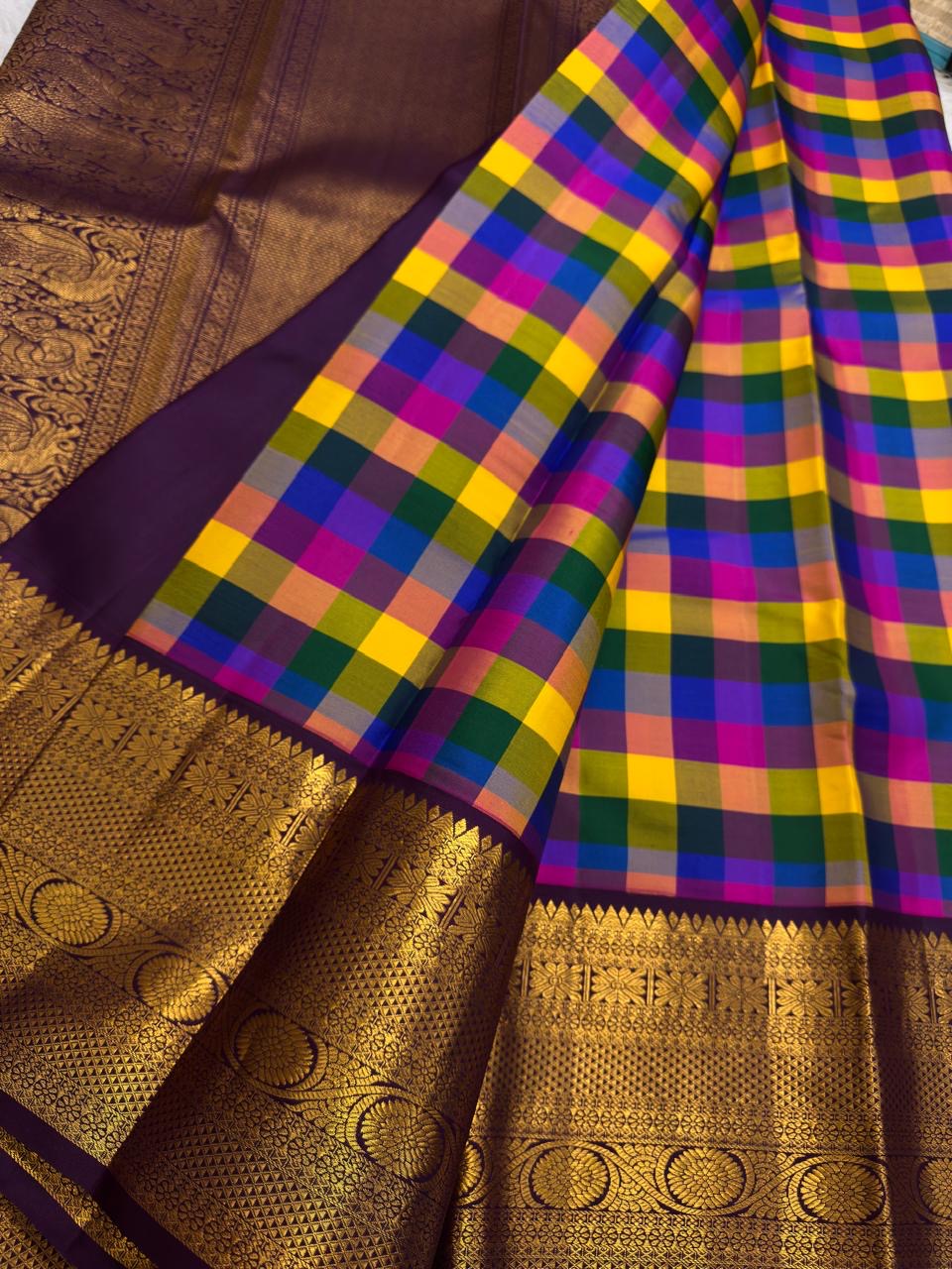 Turmeric yellow green red orange and teal Kanchi Kattam squares | Kancheepuram pure silk saree.
