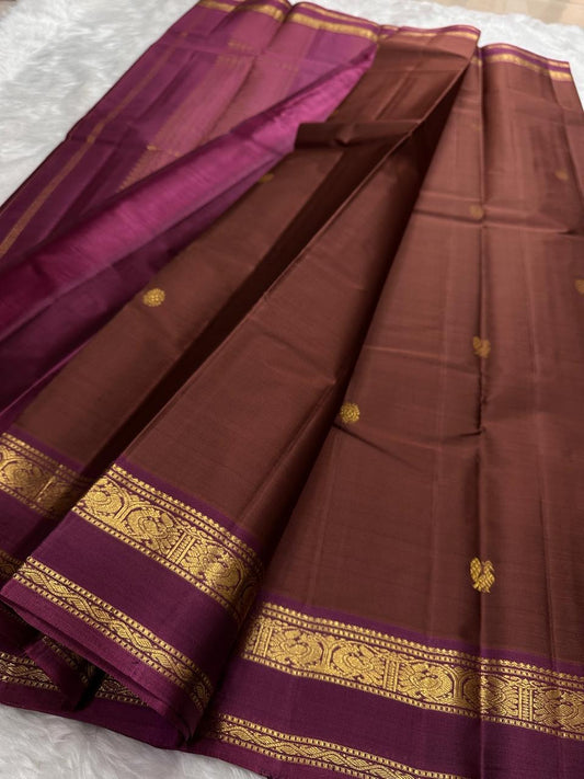 Cocoa Rose Brown and Mulberry Handwoven Lightweight Pure Silk KanchiPattu Saree: view 1