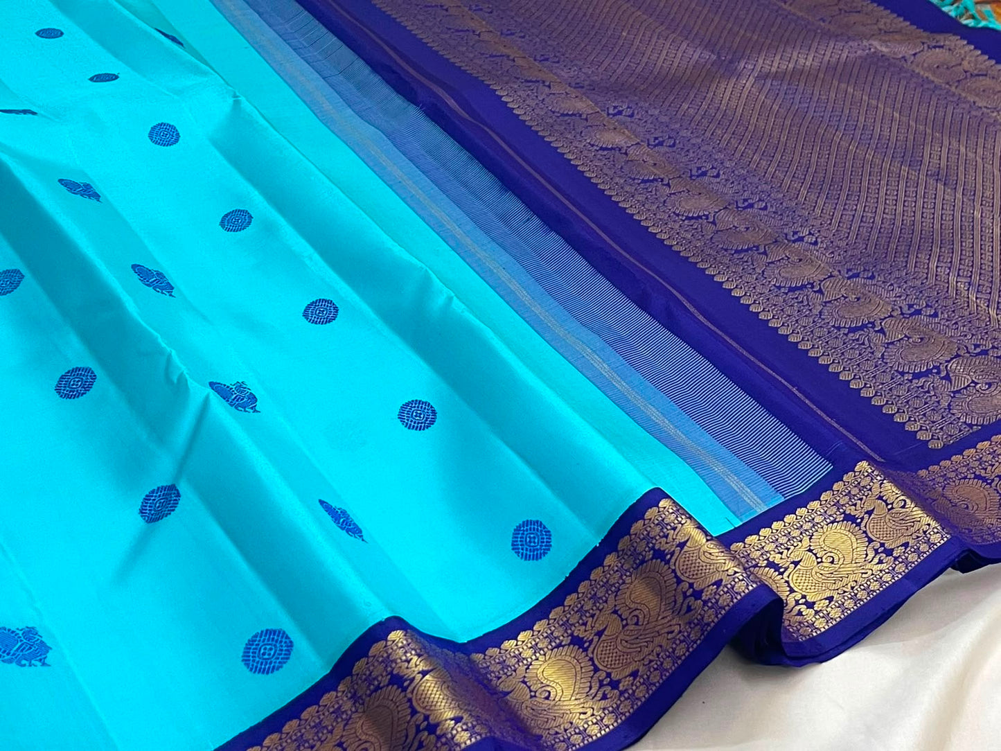 Aqua Blue Handwoven Pure Silk Kanjivaram Saree with Korvai Peacock Border