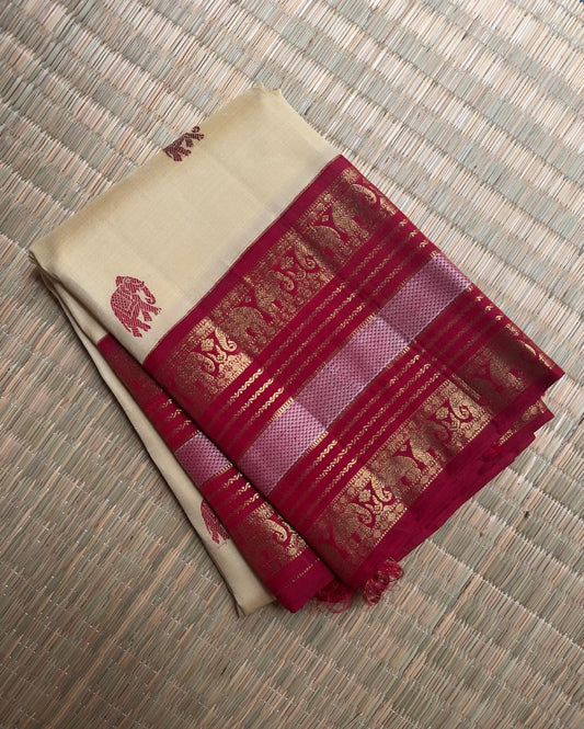 Ivory Kanchipuram Korvai silk saree body with elephant silk thread butta motifs