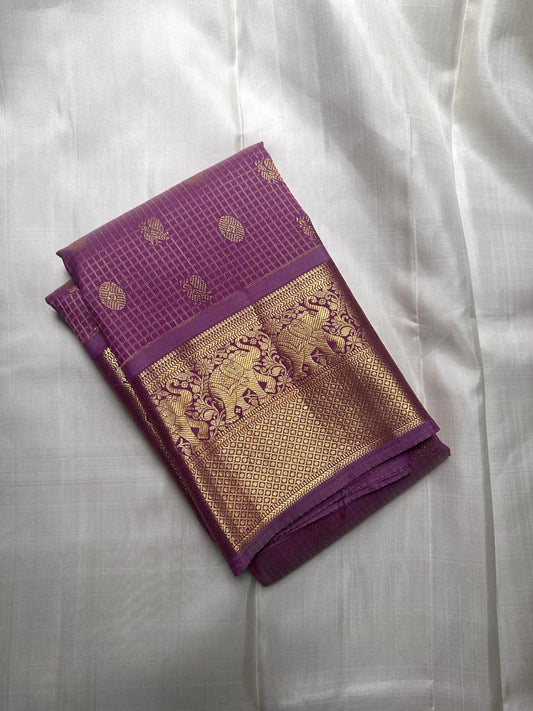Orchid purple lightweight Kanjipuram silk saree with elephant motif zari border