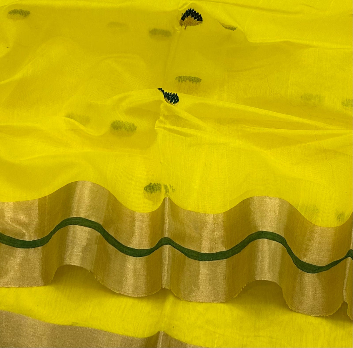 Sunshine Yellow Green-Edged Mercerized Silk Chanderi Saree, pallu and weave detail