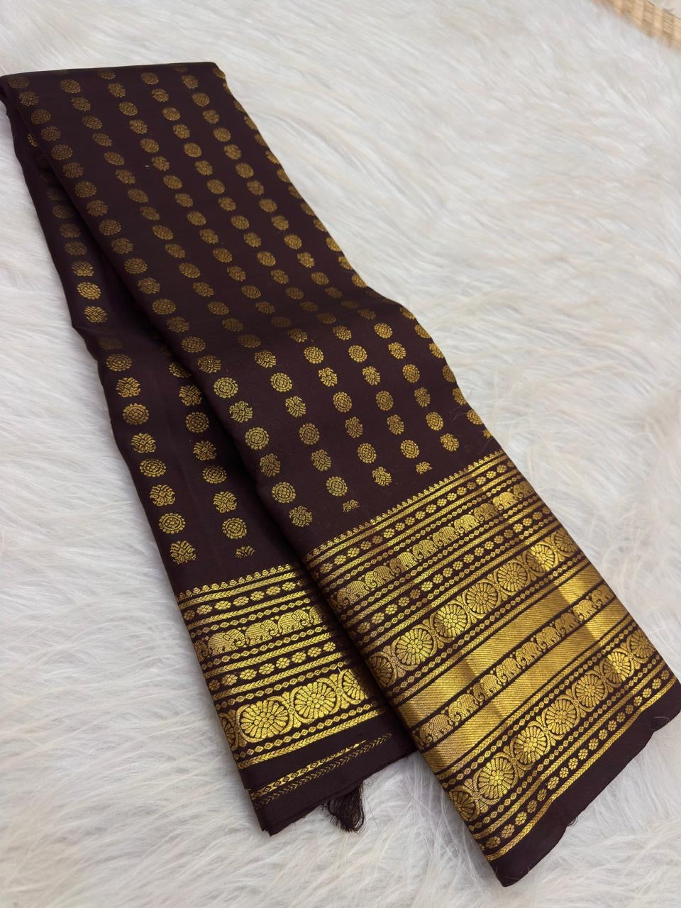 Deep Kaapi Brown and Antique Gold Kanchipuram silk saree with Varisaipet border, view 1: front drape