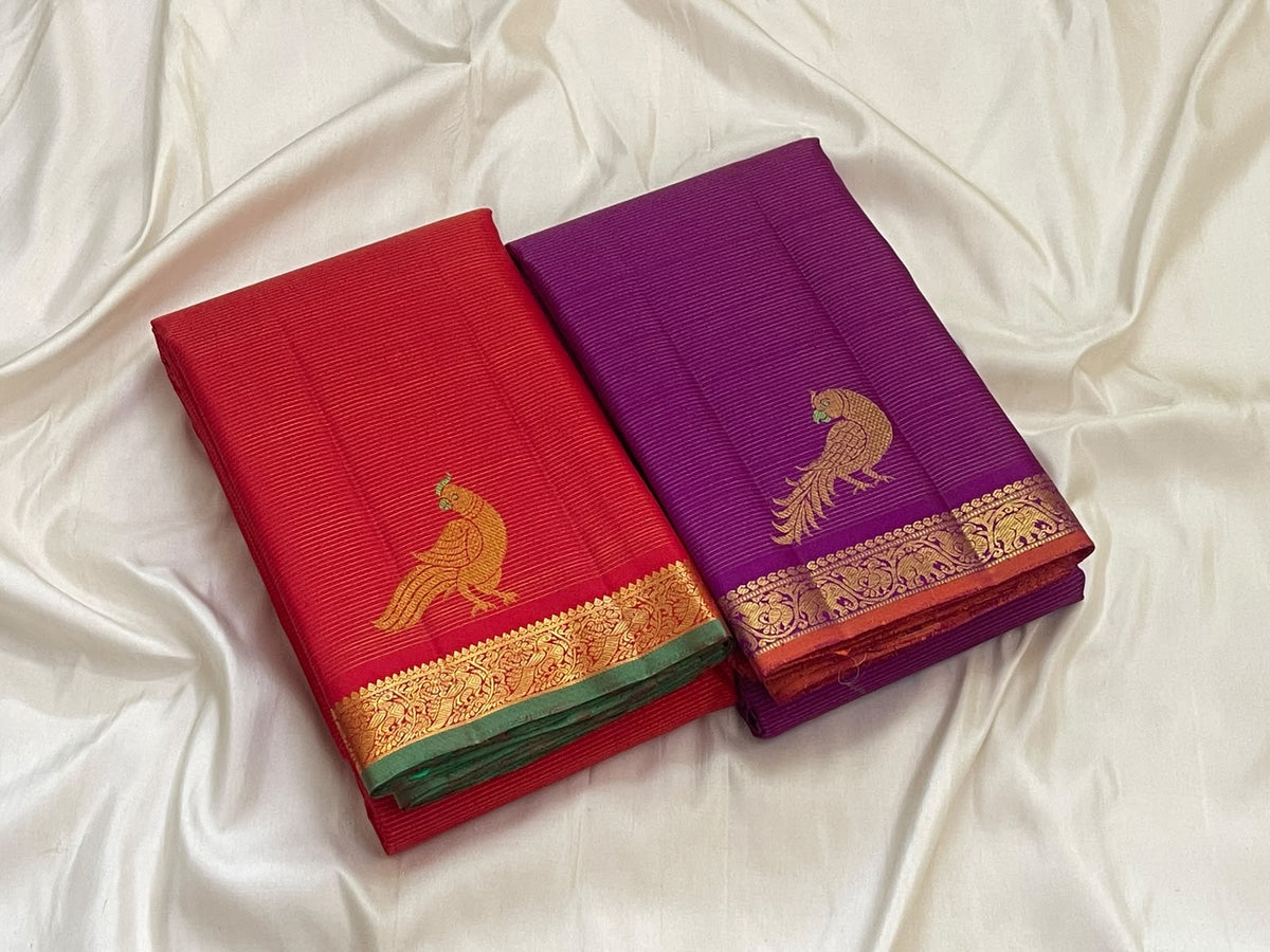 Vadamalli purple handwoven pure silk Kanjeevaram Vairaoosi saree with fine gold zari lines, Kili buttas and kesari orange selvedge — Idam Living