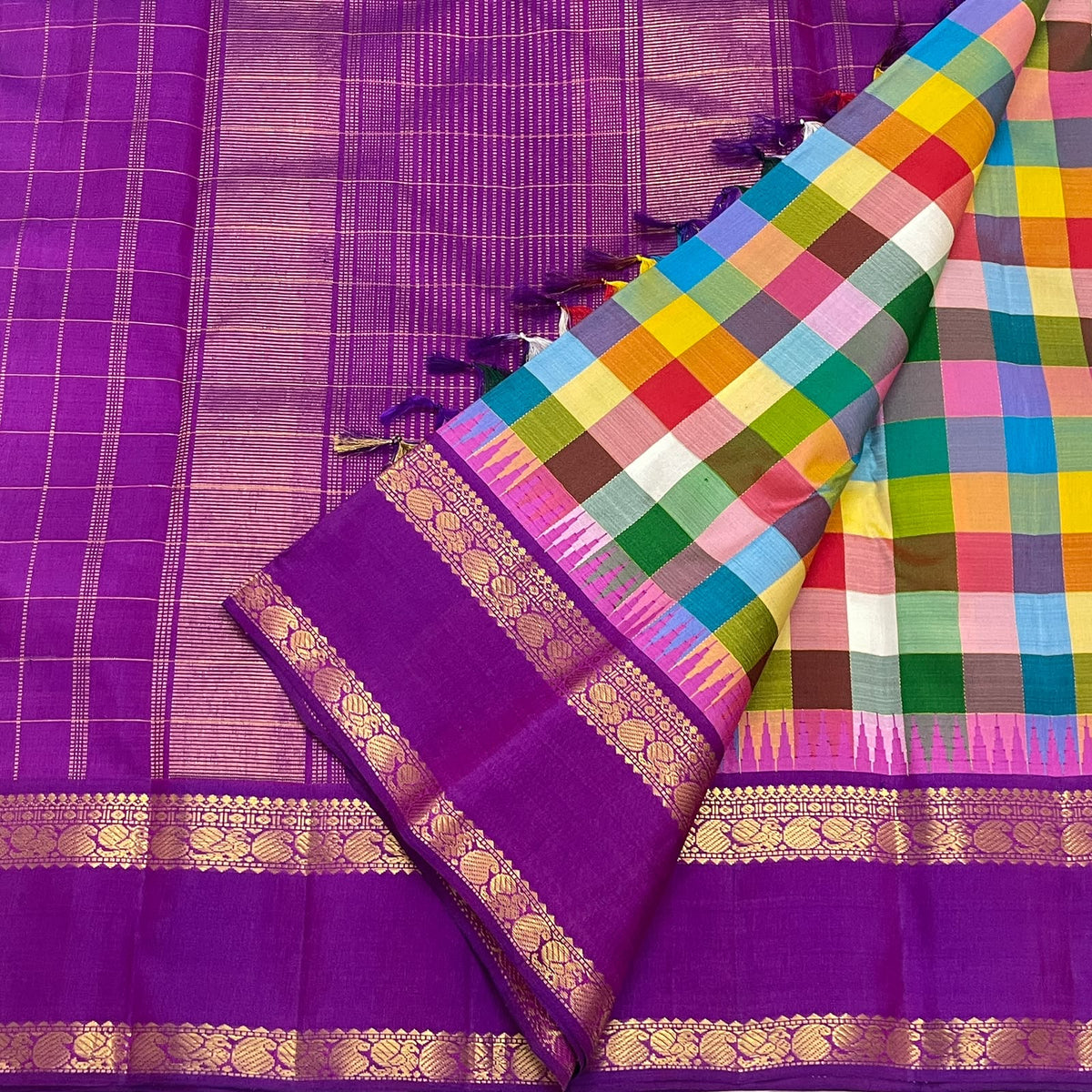 Multicolour Jewel Box Checks Handwoven Pure Silk Kancheepuram Saree with Violet Rettapet Border, decorative pallu detail