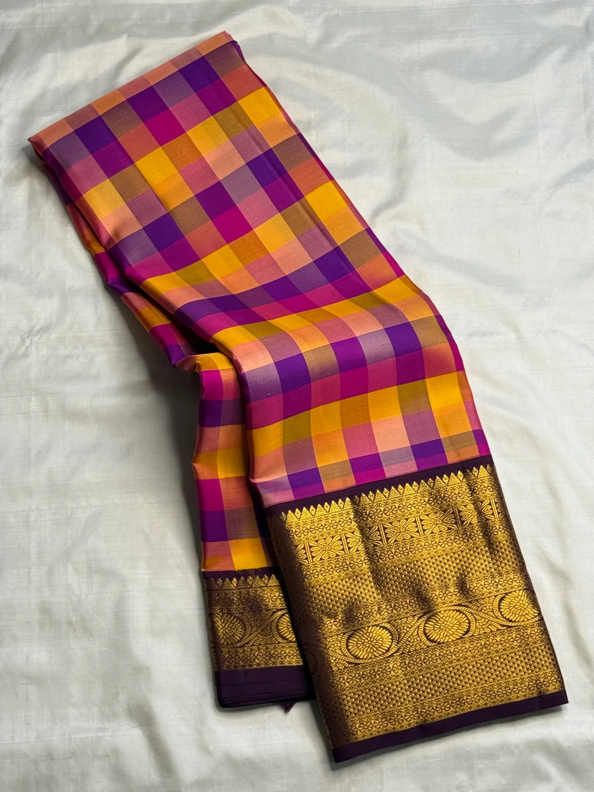 Multicolour Handwoven Pure Silk Kanjivaram Paalum Pazhamum Saree with Aubergine Gold Zari Border