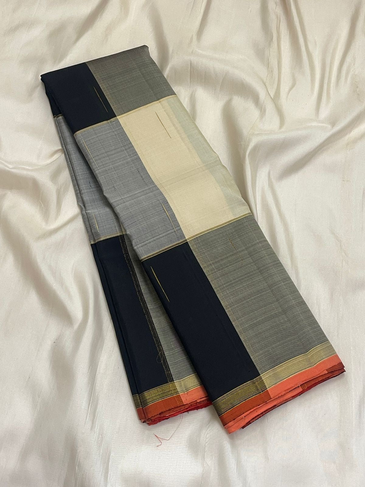 Black Silver Grey and Warm Ivory Handwoven Pure Silk Kanchipuram Paalum Pazhamum Saree