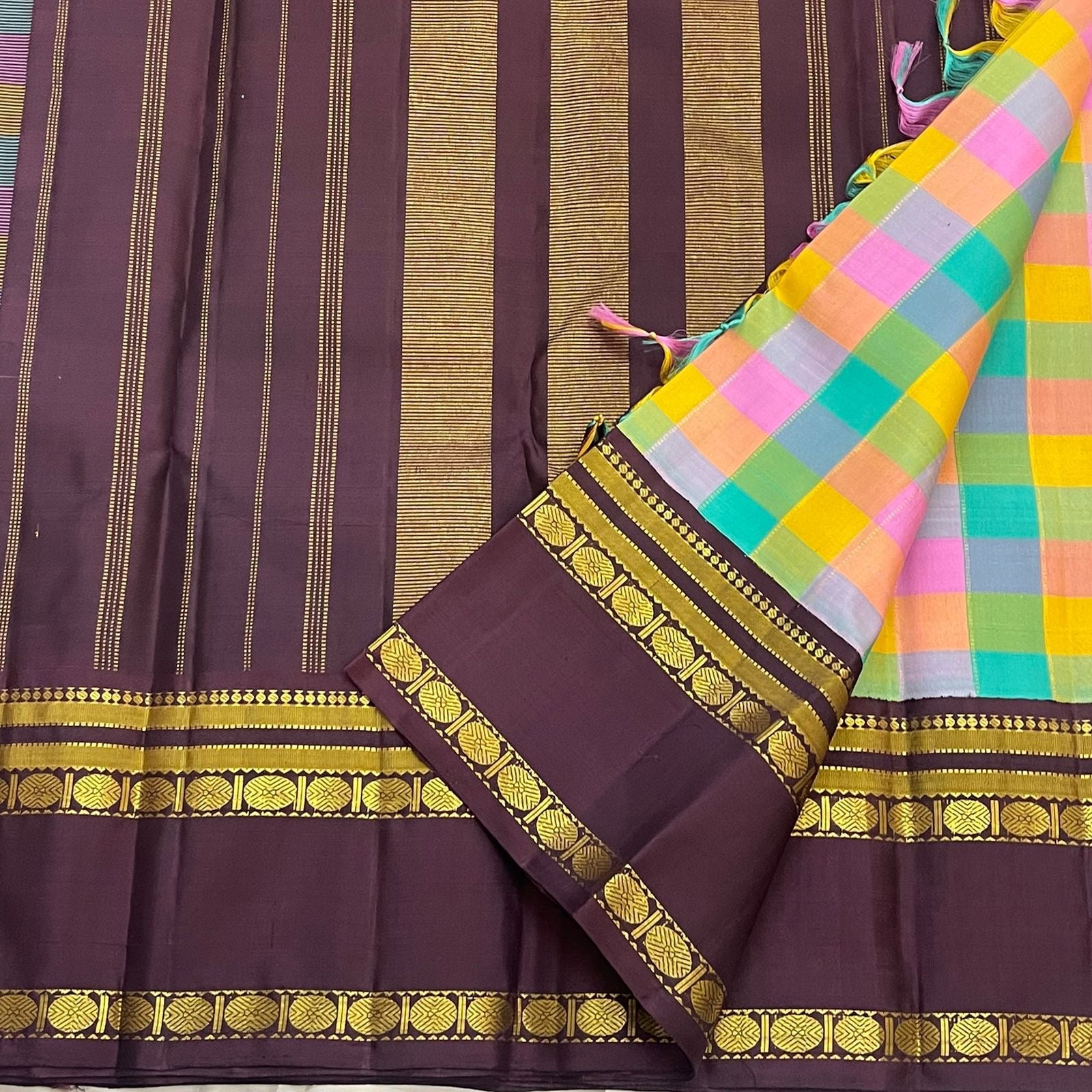 Traditional paalum pazhamum pure silk saree with brownish plum rettapet gold zari border — Idam Living