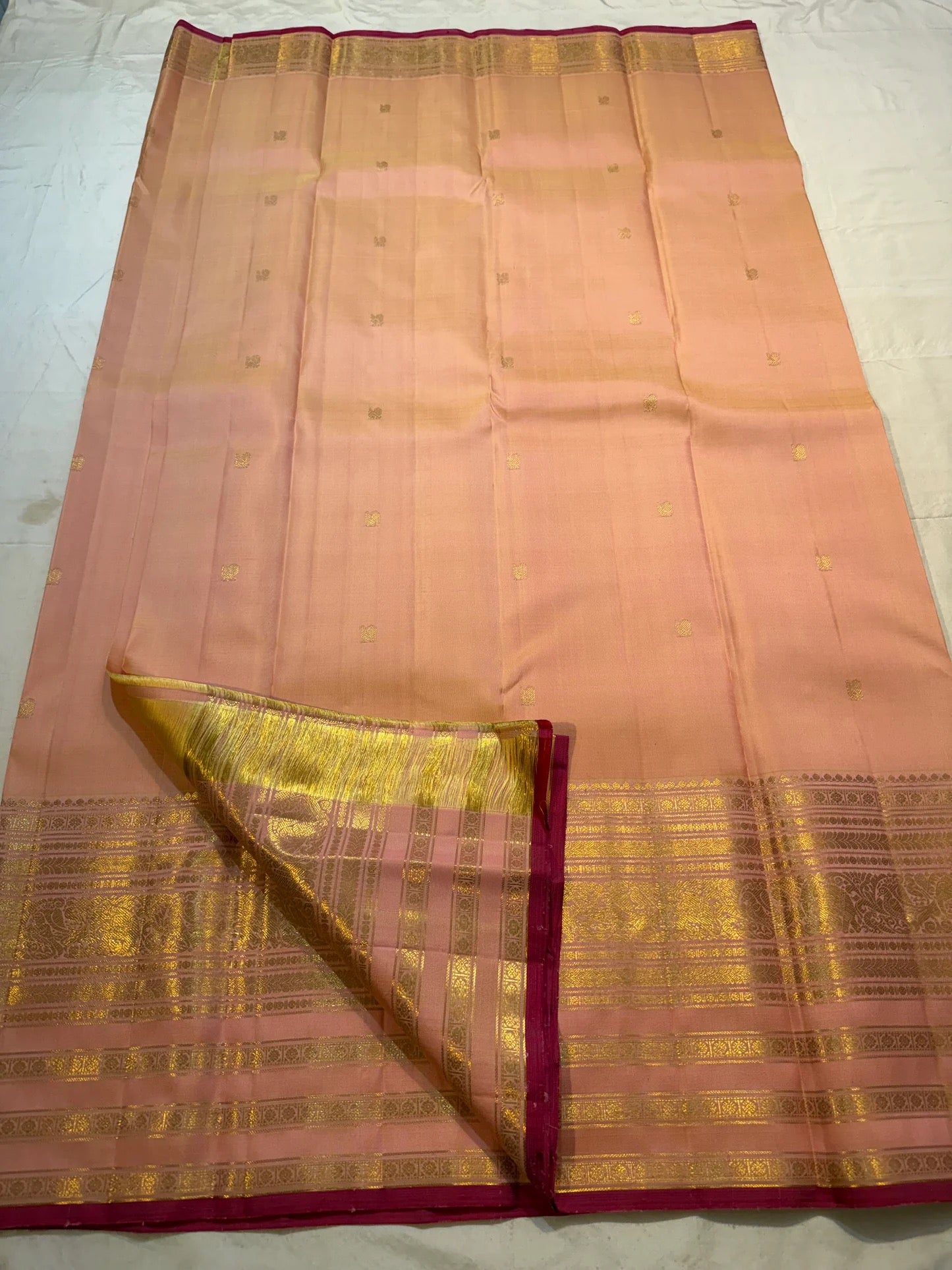 Peach and Maroon Handwoven Pure Silk Kanchipuram Saree with Varisaipet Peacock Border