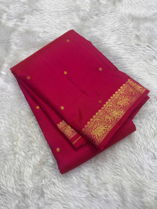 Raspberry Pink Handwoven Pure Silk Kanjipuram Saree with Small Gold Buttas & Petite Zari Elephant Border