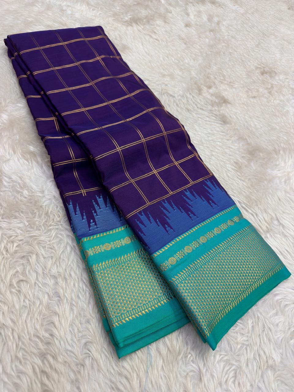 Lightweight Arani silk saree with elegant temple border and silk sheen