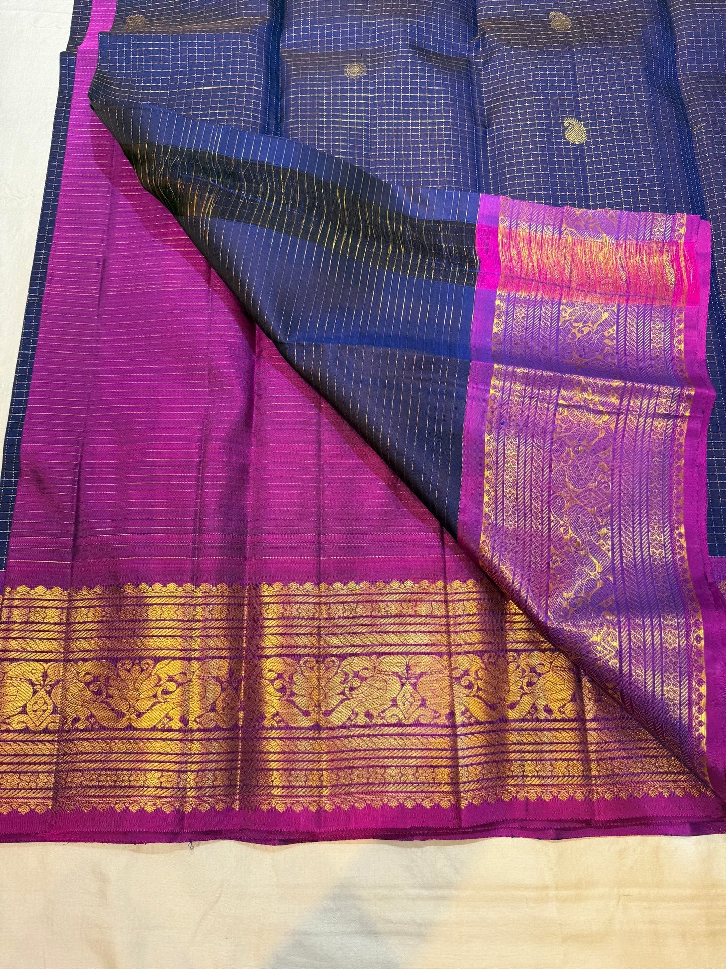 Royal Blue and Magenta Rettapet Kanchipuram Silk Saree with Kamalam and Mayil Butta