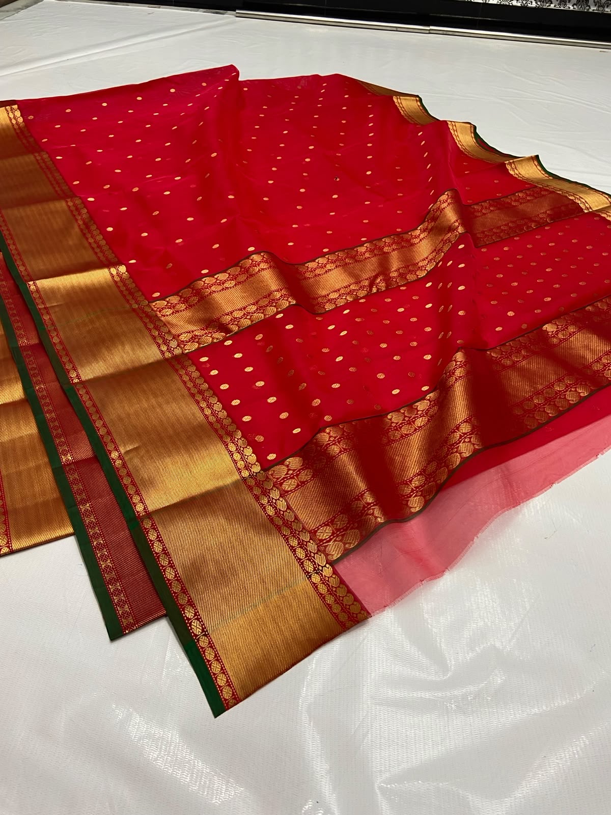 Red Katan Silk Chanderi saree with gold zari border