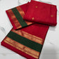 Crimson red handloom Chanderi silk saree with small gold buttas and a forest green gold border
