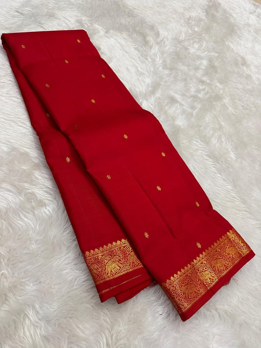 Classic Red Handwoven Pure Silk Kancheepuram Saree with Small Gold Buttas & Petite Zari Elephant Border