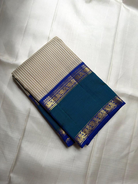 Beige pure silk Kanjivaram saree with royal blue Rettapet border — full saree overview — Idam Living
