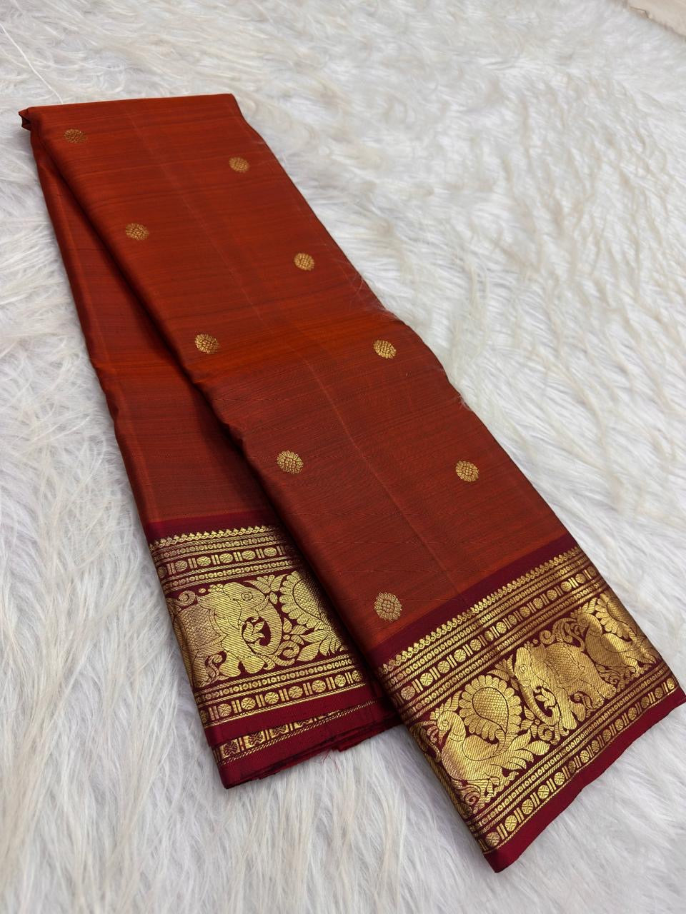 Semmann Terracotta Pure Silk Kanchipuram Peacock Butta Saree with Maroon Zari Border – view 2