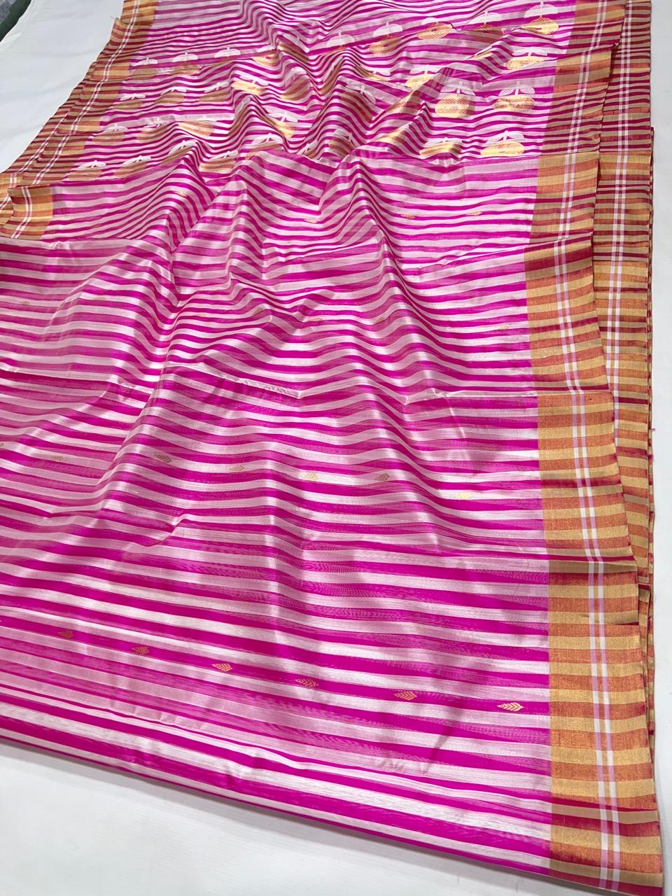 Traditional striped fuchsia pink Pattu Silk Chanderi saree