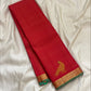 Vermilion red handwoven pure silk Kancheepuram Vairaoosi saree with fine gold zari lines, Kili parrot buttas and emerald green selvedge — Idam Living