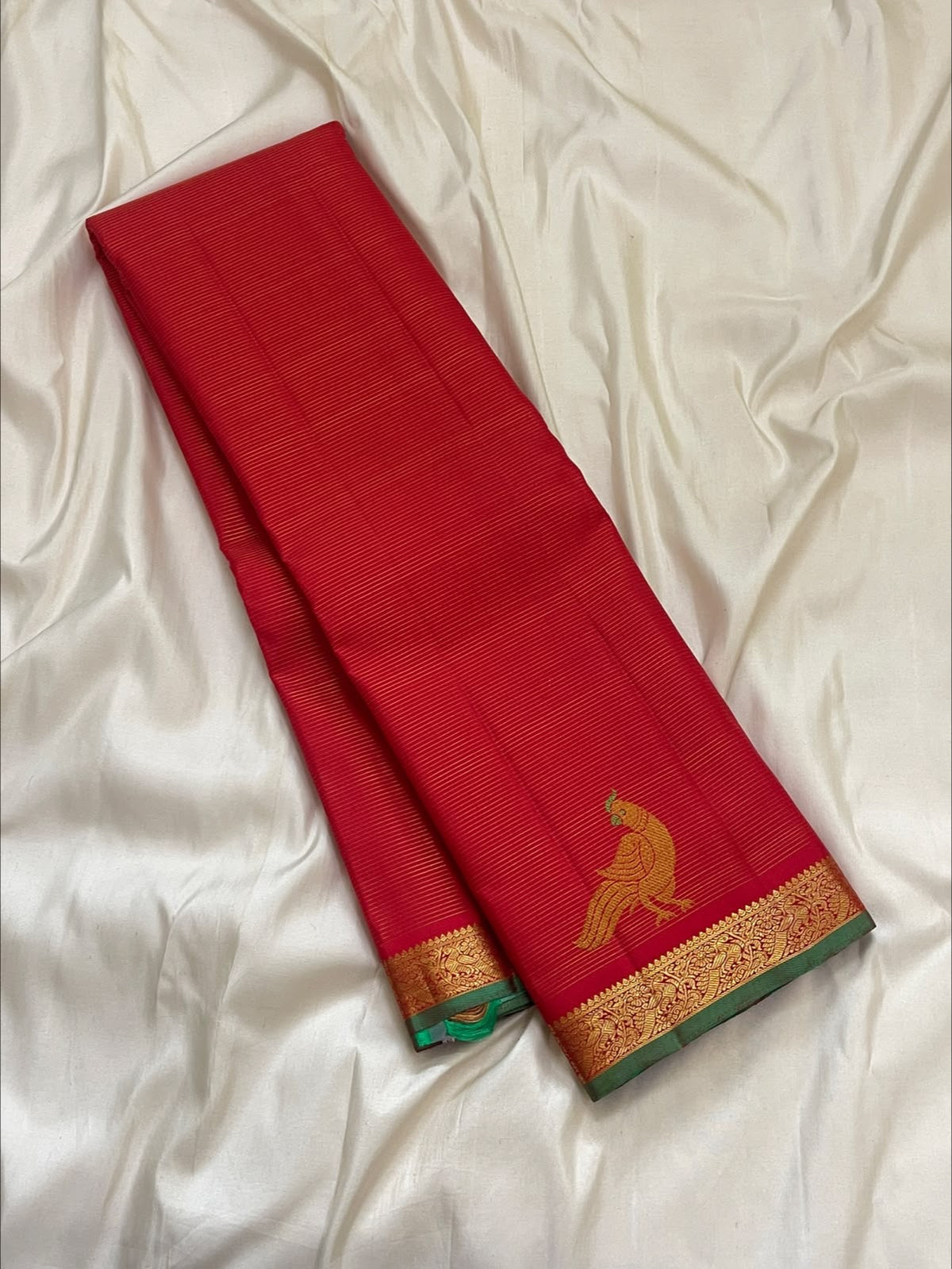 Vermilion red handwoven pure silk Kancheepuram Vairaoosi saree with fine gold zari lines, Kili parrot buttas and emerald green selvedge — Idam Living