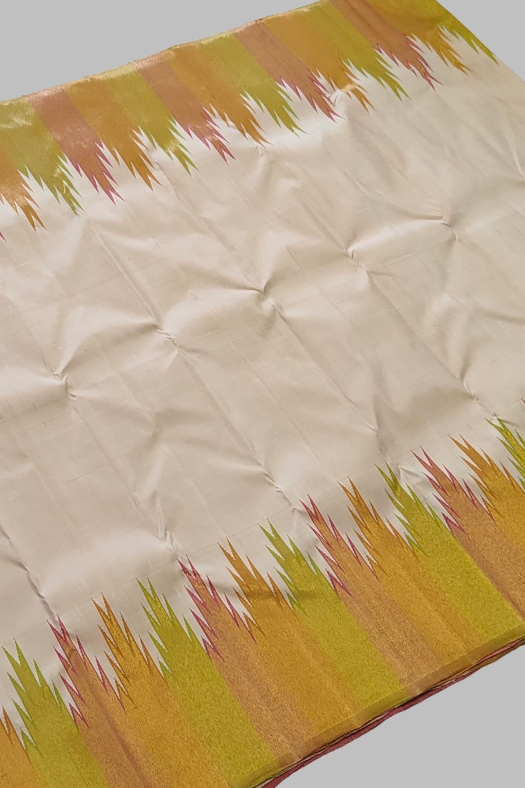 Venpattu Ivory Pure Silk Kanchipuram Ettukol Saree with Multicolour Temple Border