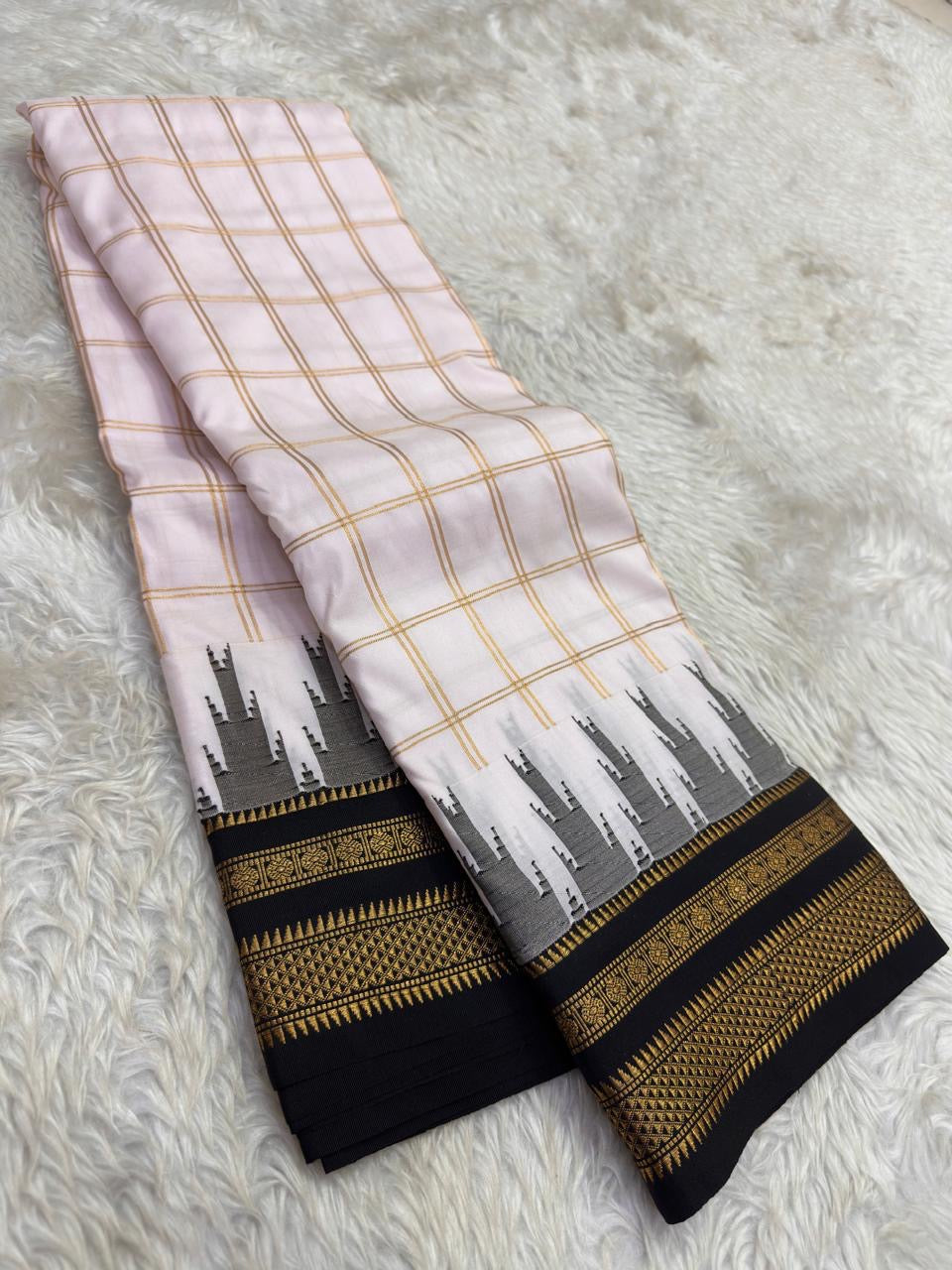 Pure Arani silk saree with structured kattam weave and temple border detailing