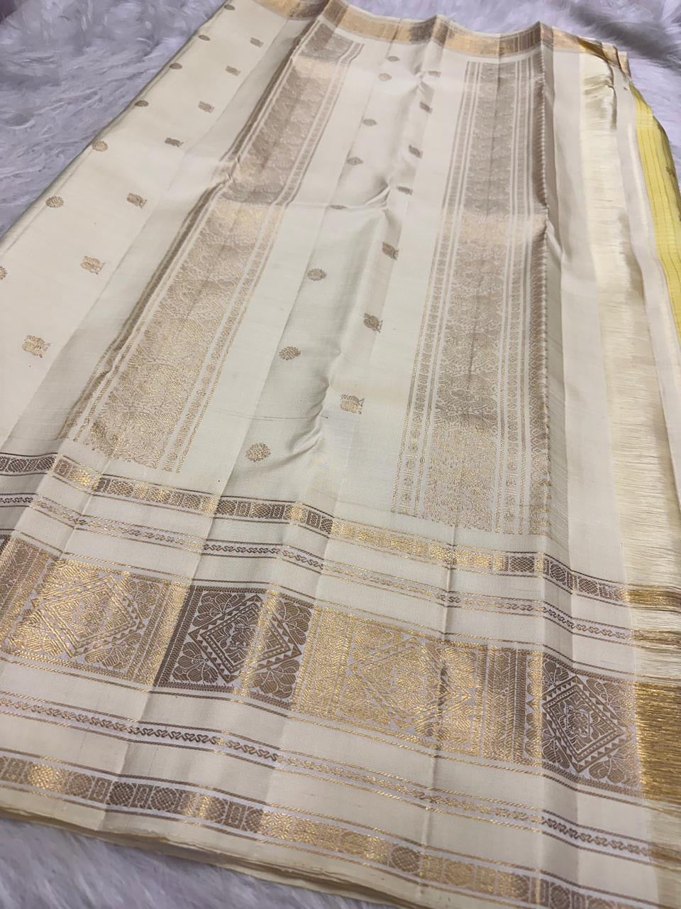 Butter Yellow Handwoven Pure Silk Kanchipuram Saree with Varisaipet Weave and Ivory Gold Zari Border