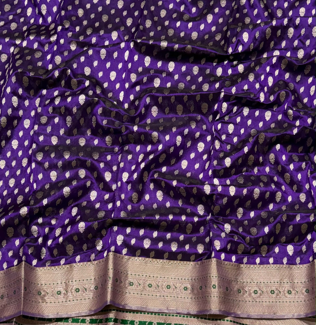 Imperial-purple Pattu Silk Chanderi saree with silver-toned buttas