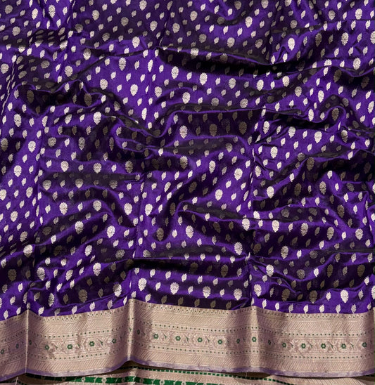 Imperial-purple Pattu Silk Chanderi saree with silver-toned buttas
