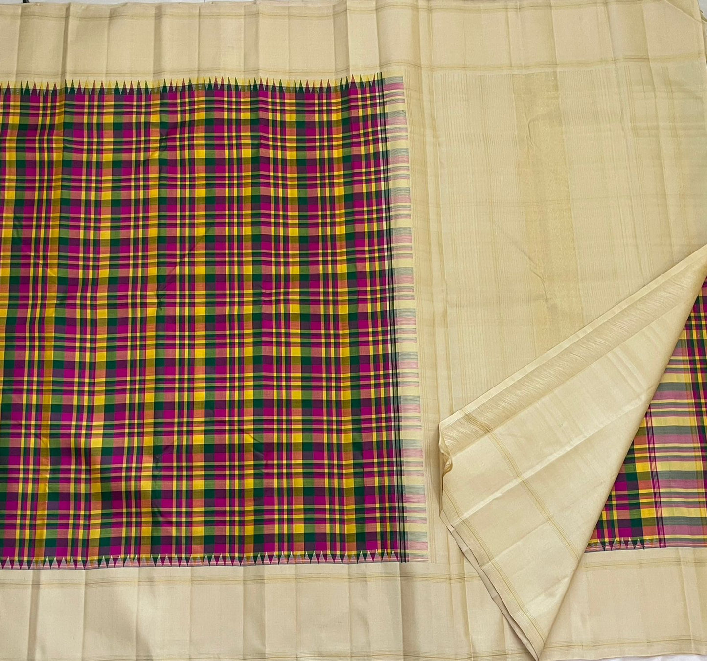 Traditional zari kattam Kanchipuram pure silk saree ivory cream with emerald and magenta checks Idam Living