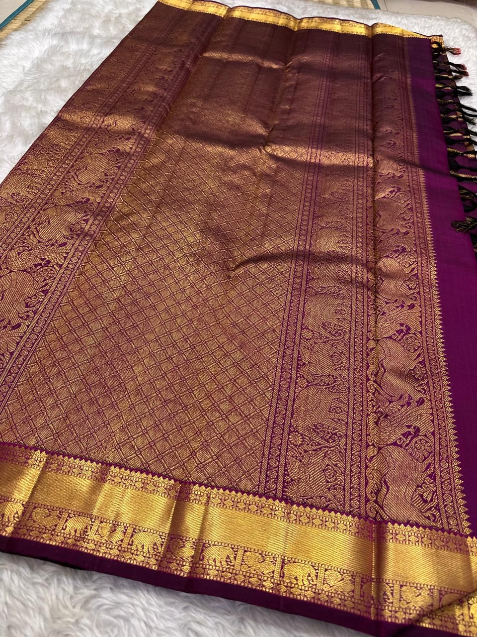 Royal Purple Handwoven Pure Silk Kanchipuram Saree with Zari Kattam Border