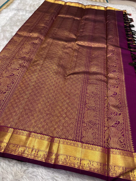 Royal Purple Handwoven Pure Silk Kanchipuram Saree with Zari Kattam Border