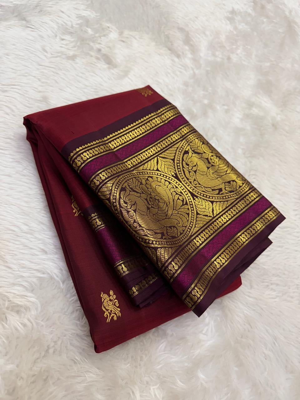 Traditional zari woven ruby wine red silk saree with temple border – Idam Living