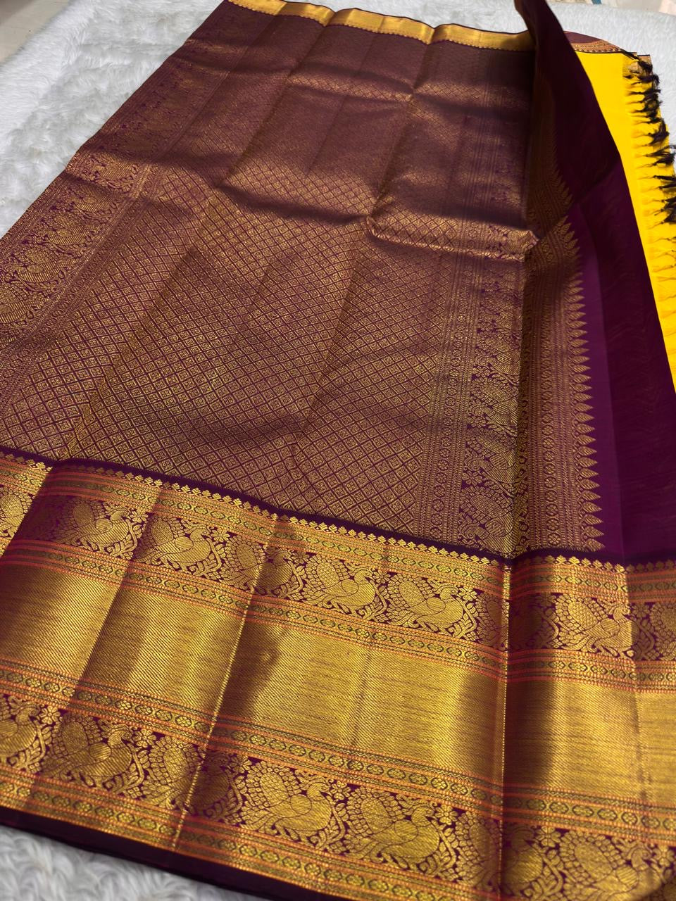 Golden Yellow Handwoven Pure Silk Kanchipuram Saree with Aubergine Korvai Border