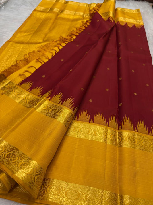 Deep Arakku Red Handwoven Pure Silk Kanjivaram Saree with Turmeric Gold Korvai Temple Border