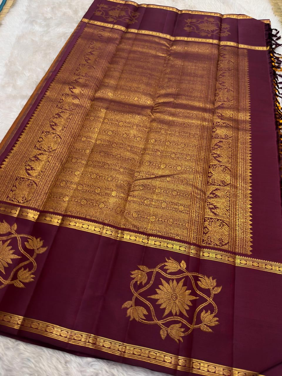 Turmeric gold Pure Silk Kanchipuram rettapet saree with Vadamalli plum border and veldhari zari body.
