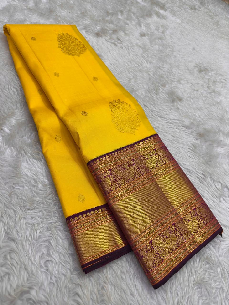 Golden Yellow Handwoven Pure Silk Kanchipuram Saree with Aubergine Korvai Border