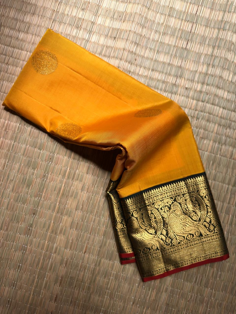 Turmeric Yellow and Black Korvai Kanchipuram silk saree full drape