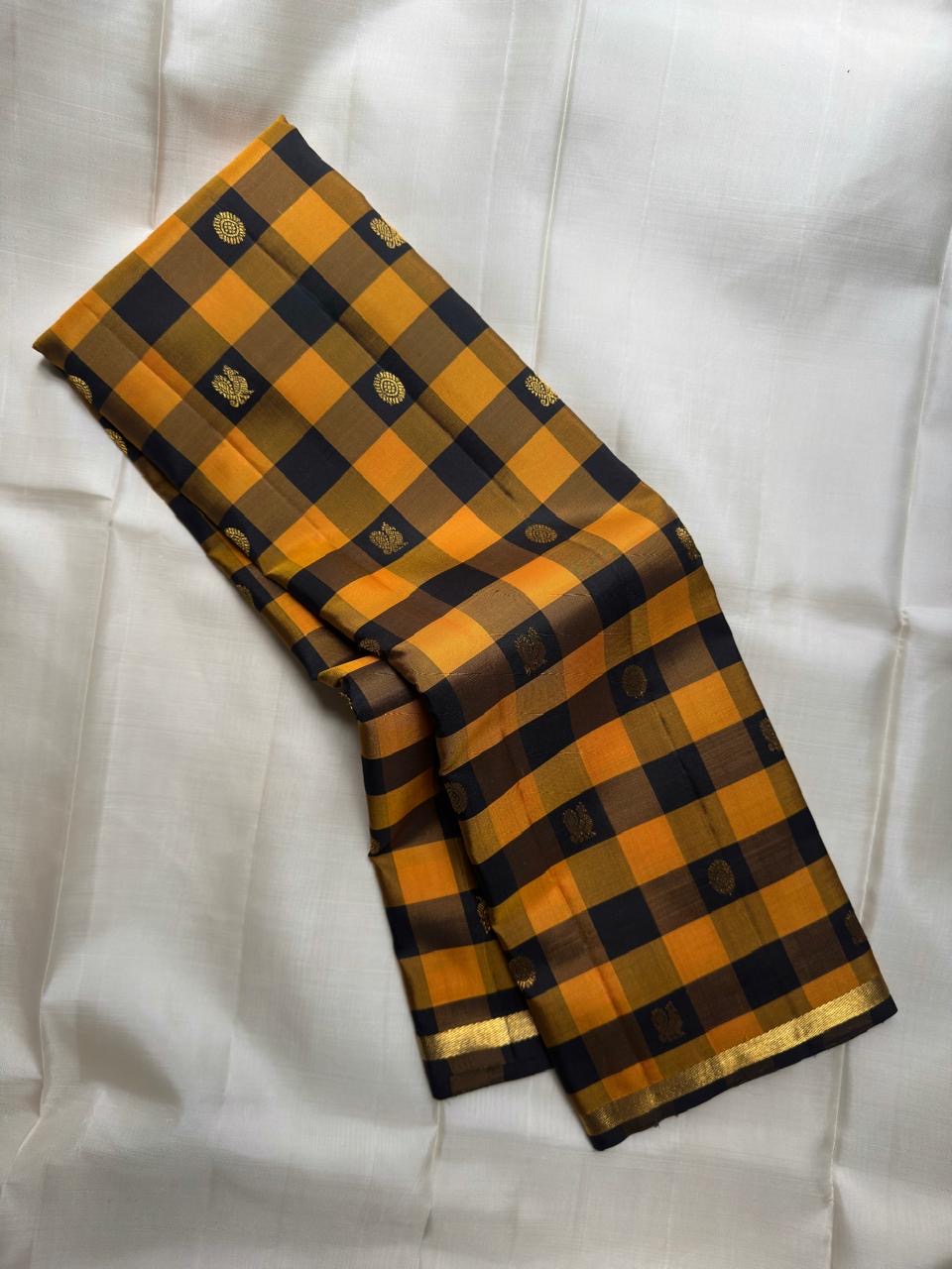 Turmeric Yellow and Black Pure Silk Kanchipuram Kanchi Kattam saree