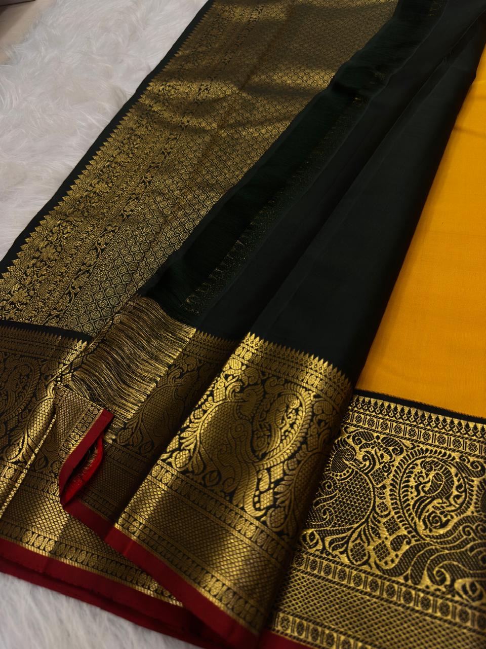 Turmeric Yellow Korvai saree gold zari butta motif detail
