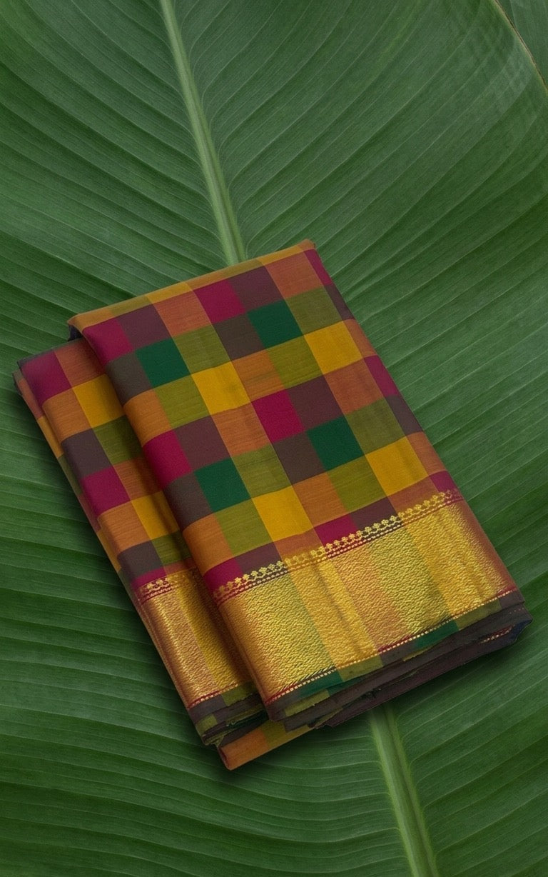 Turmeric yellow Indian silk saree handwoven checked Kanchipuram style