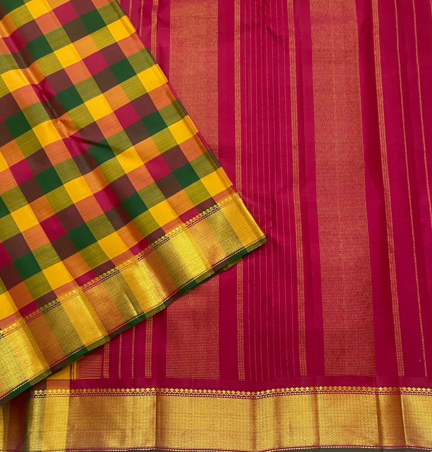 Turmeric yellow Kancheepuram silk saree with colourful paalum pazhamum weave
