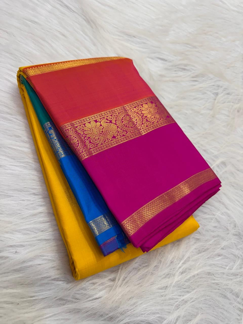 Turmeric Marigold Handwoven Pure Silk Kanchipuram Saree with Varnajaalam Multicolour Border