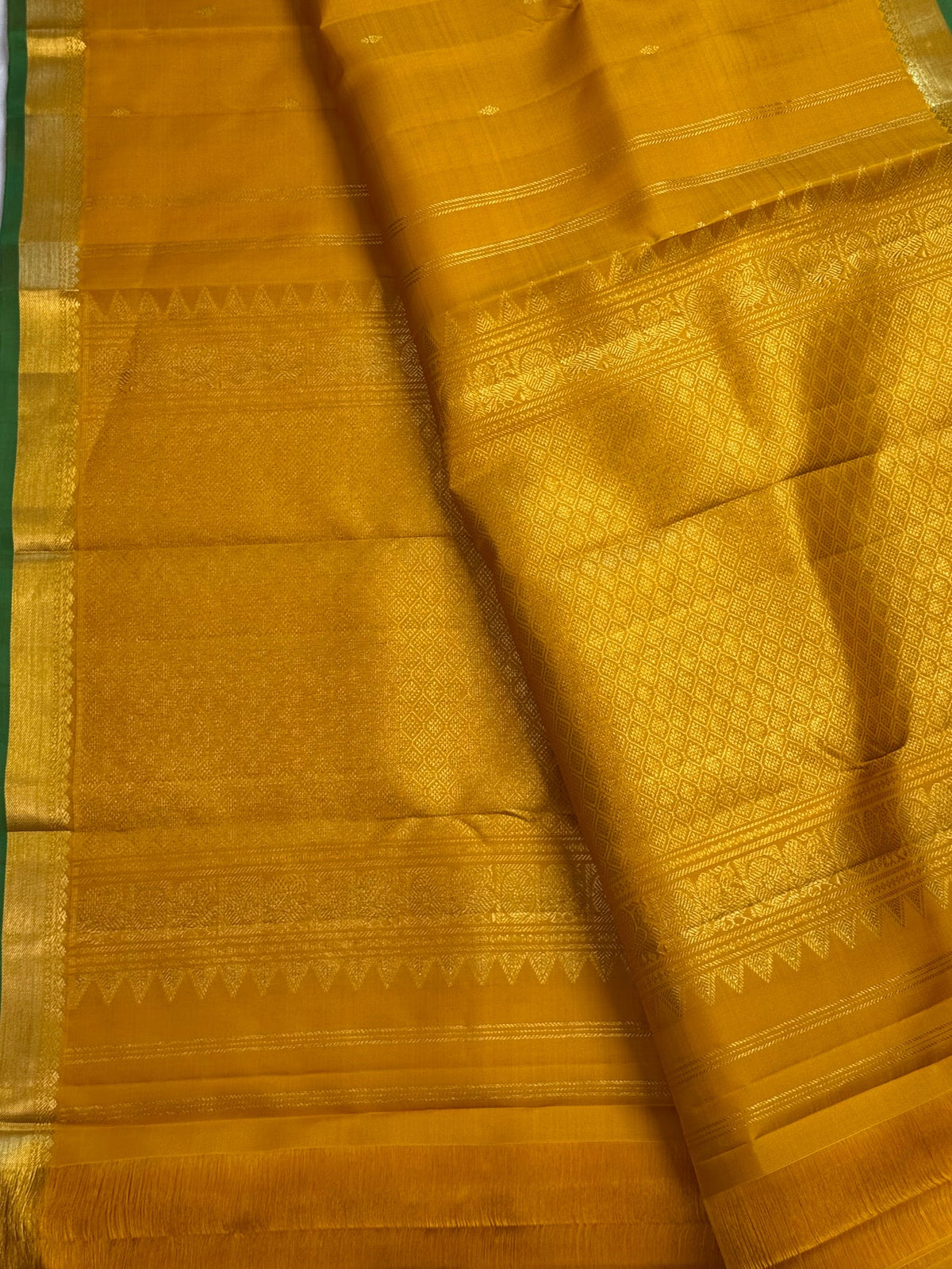 Turmeric yellow Kanchipuram silk saree with gold zari butta, draped view