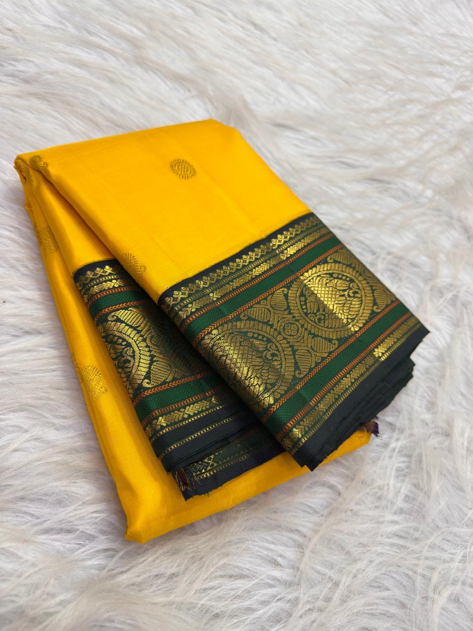 Turmeric Yellow Kanchipuram silk saree with Kamalam butta - Idam Living
