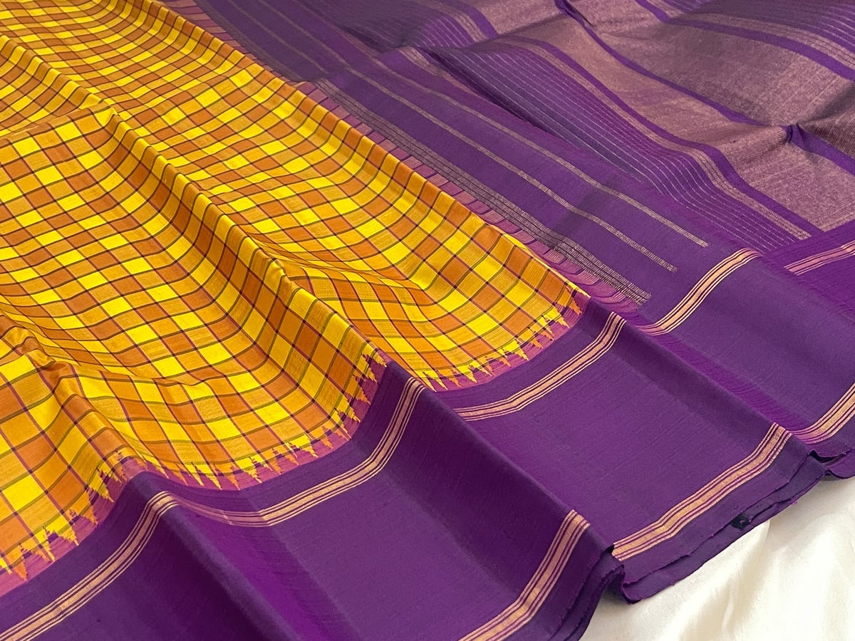 Turmeric Yellow Handwoven Pure Silk Kanchipuram Saree with Kanchi Kattam and Purple Rettapet Border, body and border detail