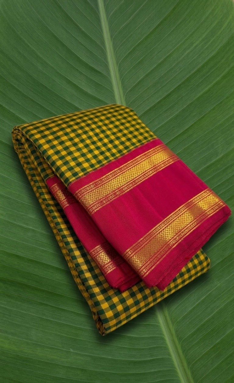 Turmeric yellow Kanchipuram pure silk saree with vetrilai green pattani kattam weave and brick red rettapet border Idam Living